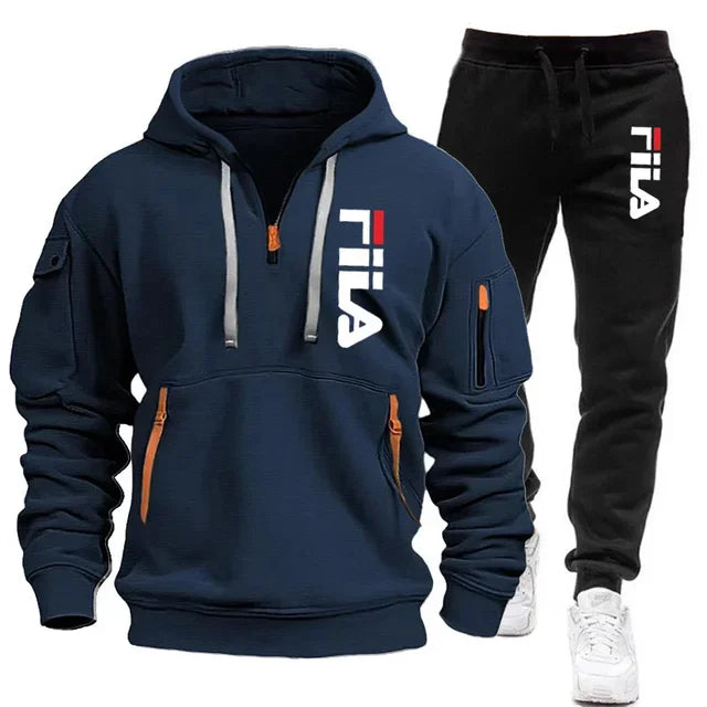 Autumn and Winter 2025 new men's hooded sweatshirt + pants two-piece set, outdoor multi-pocket men's pullover sportswear set