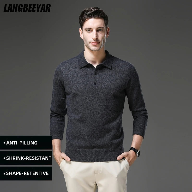 Top Grade Anti-Pilling New Fashion Men Knit Pullover Turndown Collar Autum Winter Slim Fit Warm Sweater Business Casual Jumper