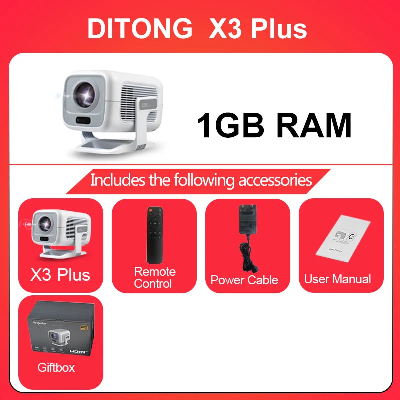 DITONG X3Plus 1080P Smart Mini Projector (600 ANSI, Wi-Fi 6, BT 5.4, Android 11)