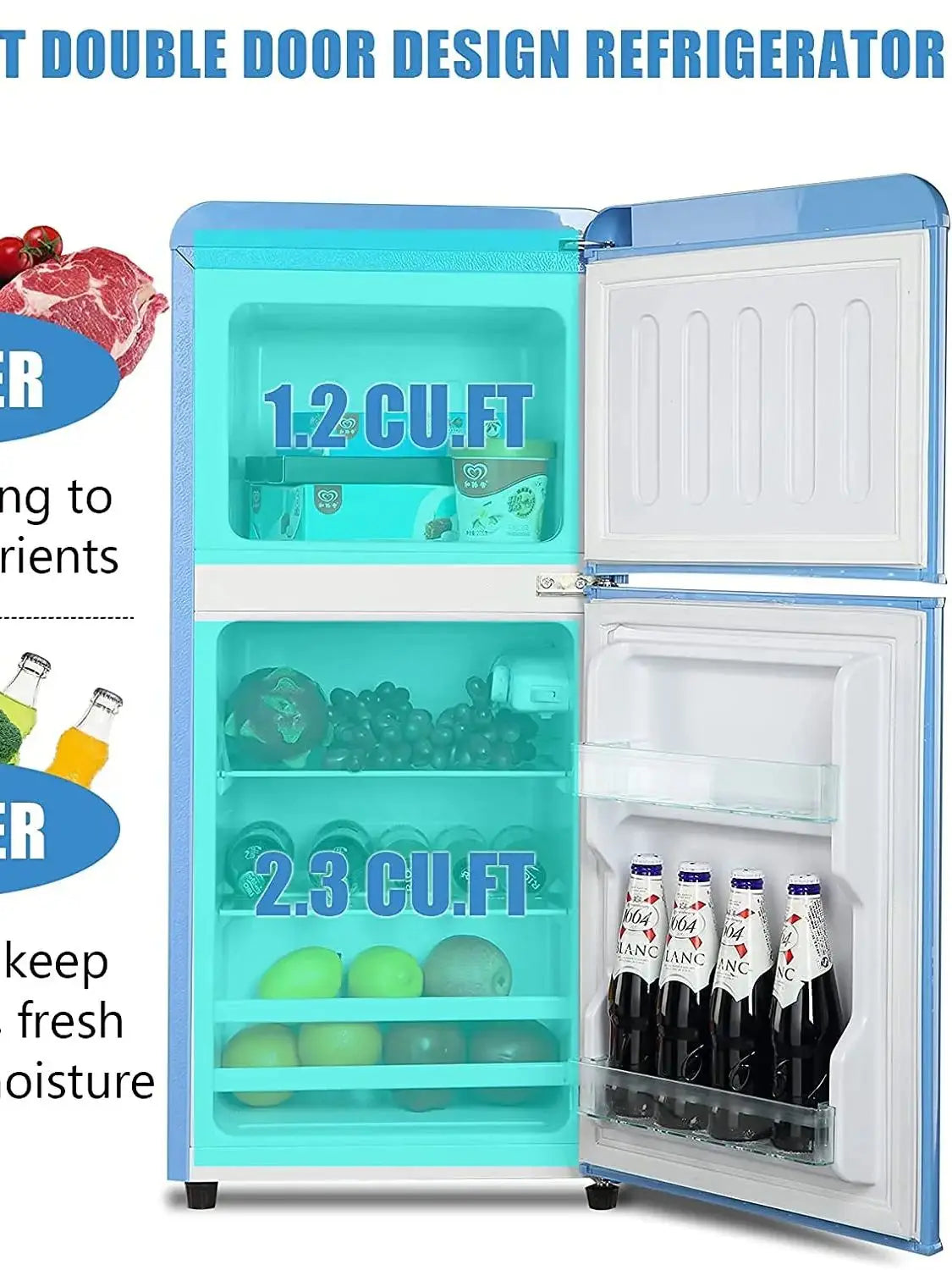 3.2 Cu.ft  Double Door Compact Refrigerator, Mini Fridge with Freezer, Retro Design Small Drink Chiller for Home, Office
