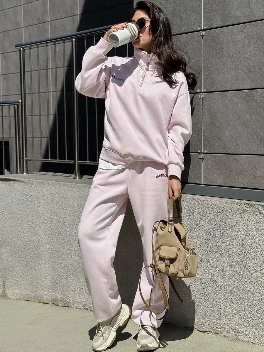 Spring Women's Tracksuit with Zipper Cotton Oversize Classic Pink  Two Piece Set Women Casual  Yellow Trouser Suits for Women