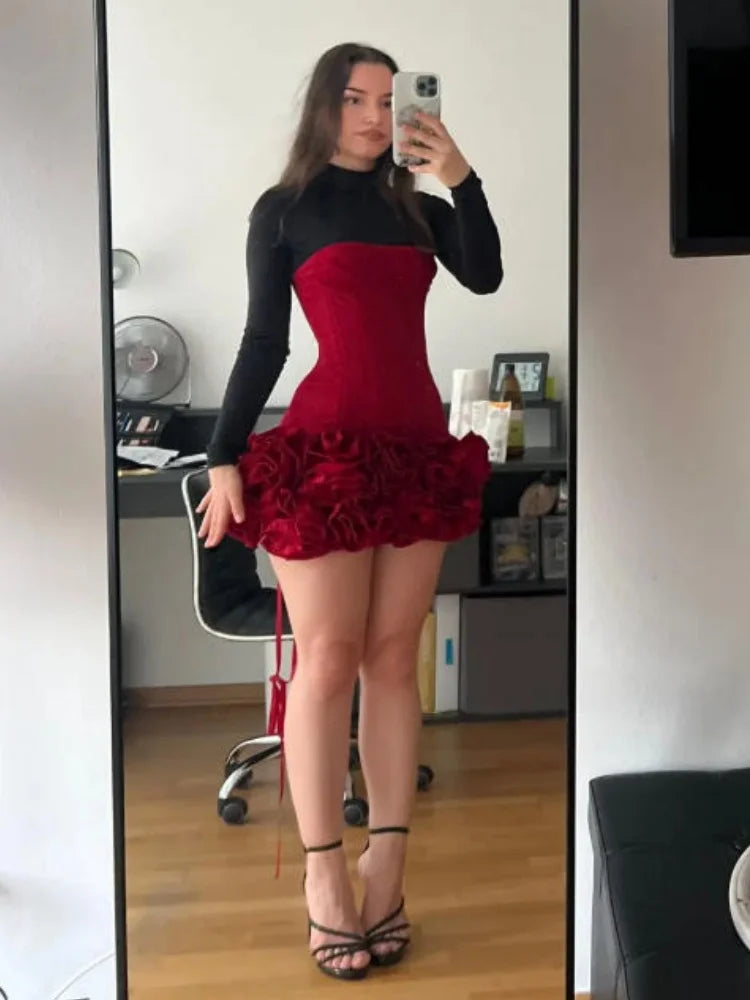 VC Christmas Dress Strapless Backless Red Structured Floral Embellished Mini Length Bodycon Celebrity Party Cocktail Dress