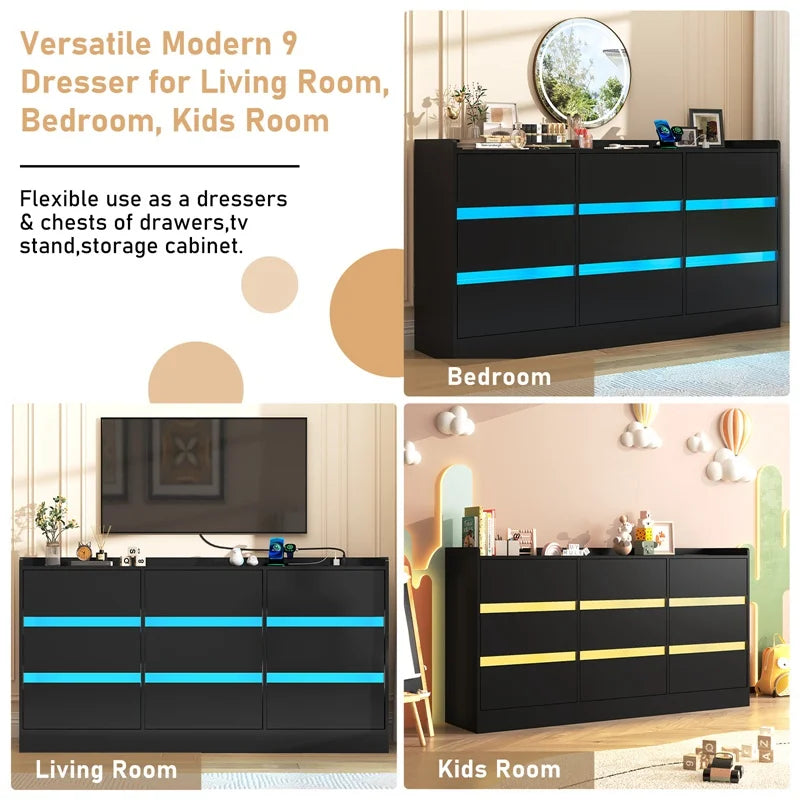 9 Drawer Dresser with Power Outlet & LED Light, Modern Chest of Drawers for Closet, 63" Drawer Organizer Cabinet for Bedroom