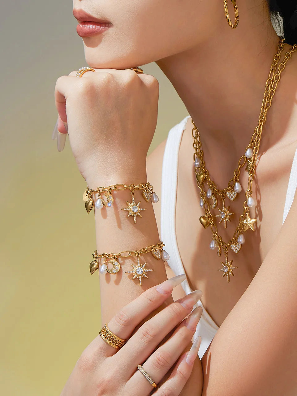 Zircon Heart, Star & Moon Jewelry Set | 18K Gold-Plated Stainless Steel Necklace & Bracelet