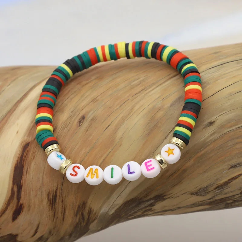 Multicolor Clay Beaded Letter Bracelet | Custom Friendship & Love Boho Jewelry