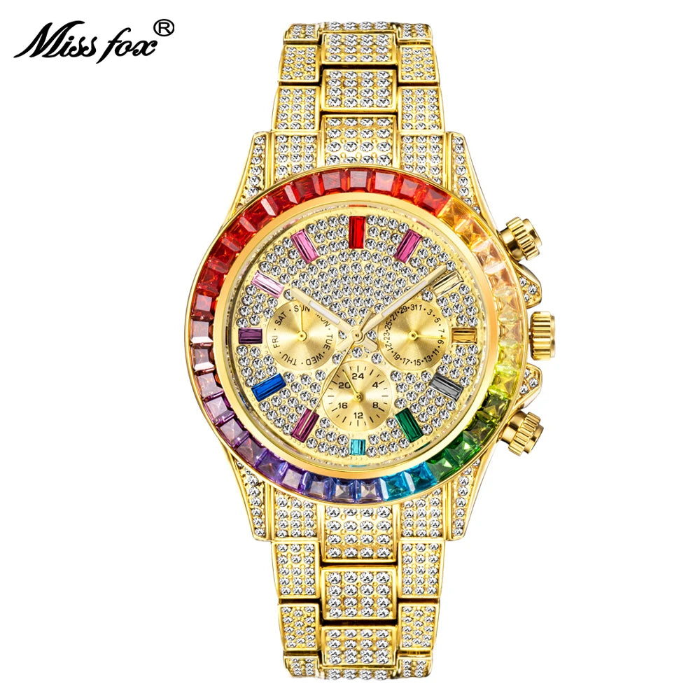 MISSFOX Men’s Luxury Bling Quartz Watch | 42mm, Calendar, 3ATM Water-Resistant, Gold-Tone Stainless Steel