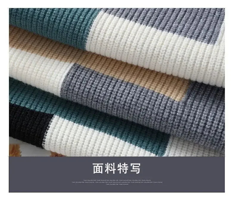 Autumn Winter New Men Sweater Mock Neck Patchwork Contrast Color Trend Youth Fashion Thicken Long Sleeve Pullovers Knitted Tops