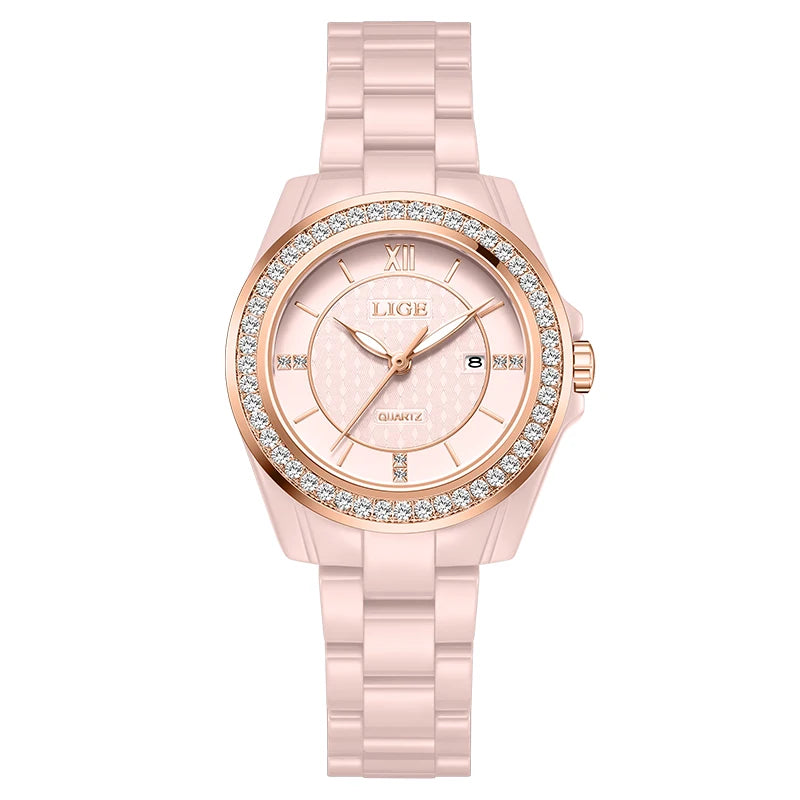 New LIGE Fashion Quartz Watch for Women Ceramics Strap Waterproof Date Women's Watches Elegant Luxury Diamond Ladies Wristwatch
