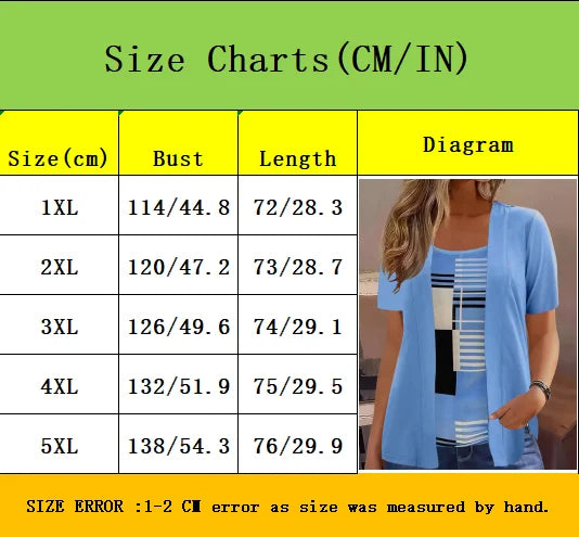 Elegant Geometric Print Mock Two-Piece T-Shirt | Plus Size Womens Summer Casual Top | Fashion Patchwork Design