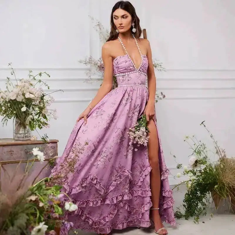 Giyu Sexy Pearl Evening Club Party Dresses Women Summer Dress Elegant Spaghetti Strap Backless Lace Up Maxi Long Ruffles Robe