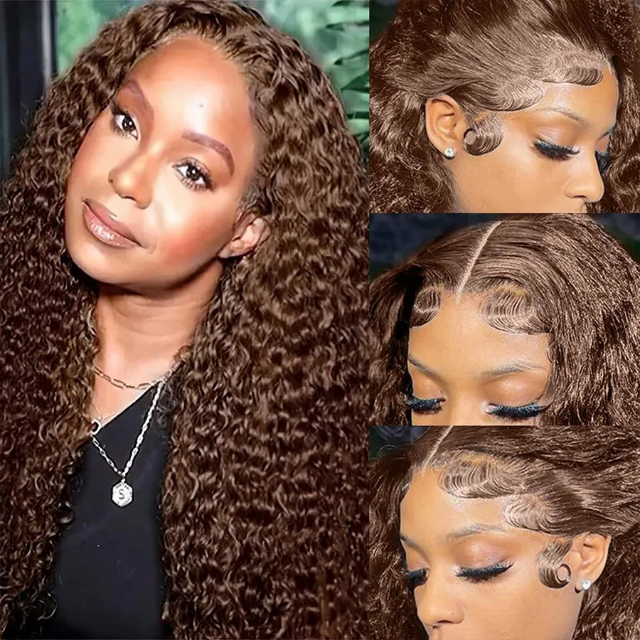 HJ WEAVE BEAUTY Deep Curly HD Lace Frontal Wig | Chocolate Brown Human Hair