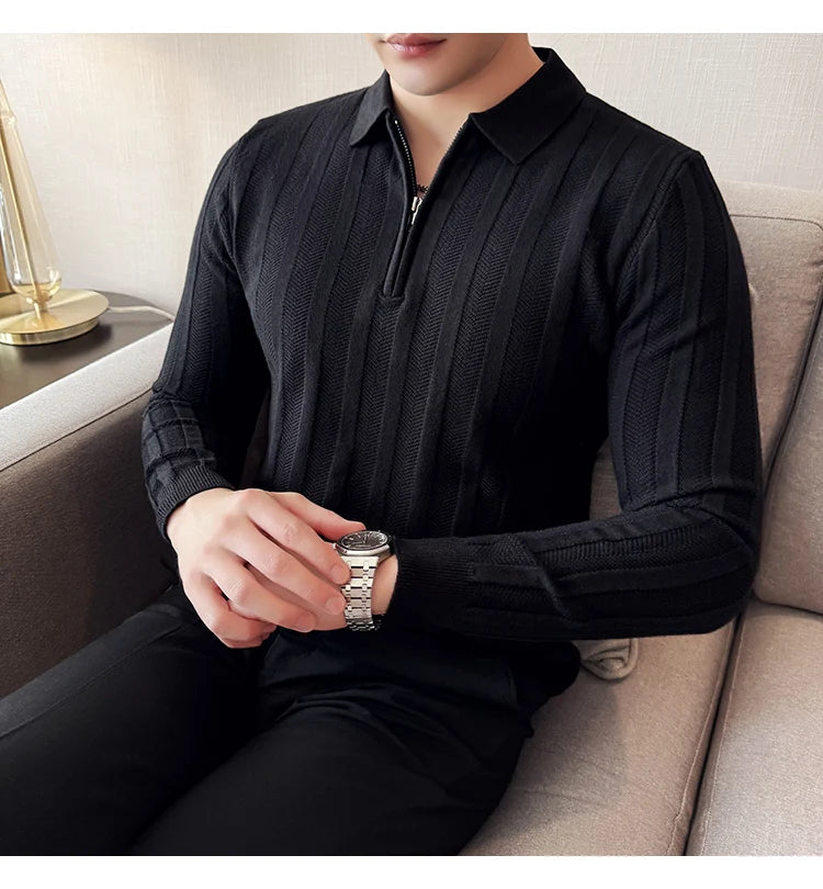 Men's Zip-Front Knit Sweater - White Polo Collar (Black/Burgundy/Cream) M-4XL Soft Touch Autumn Winter Casual Style