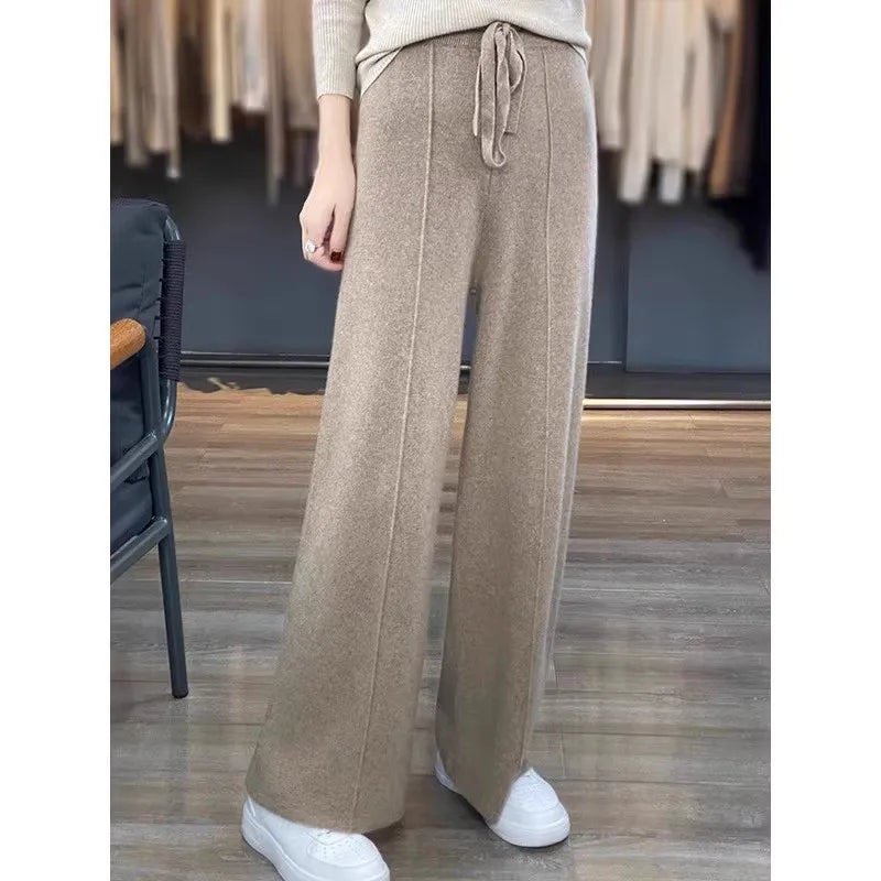Women’s High-Waist Knit Wide-Leg Pants — Full-Length, Elastic Waist, Warm Stretch (Autumn/Winter, Korean Style)