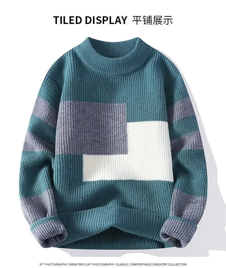 Autumn Winter New Men Sweater Mock Neck Patchwork Contrast Color Trend Youth Fashion Thicken Long Sleeve Pullovers Knitted Tops