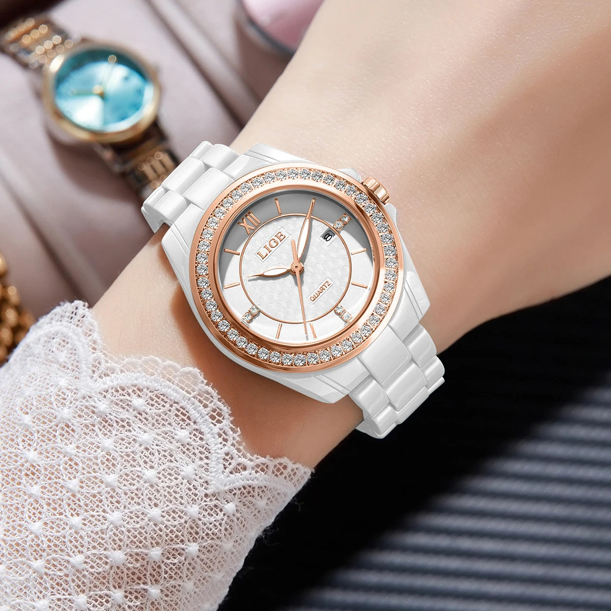New LIGE Fashion Quartz Watch for Women Ceramics Strap Waterproof Date Women's Watches Elegant Luxury Diamond Ladies Wristwatch