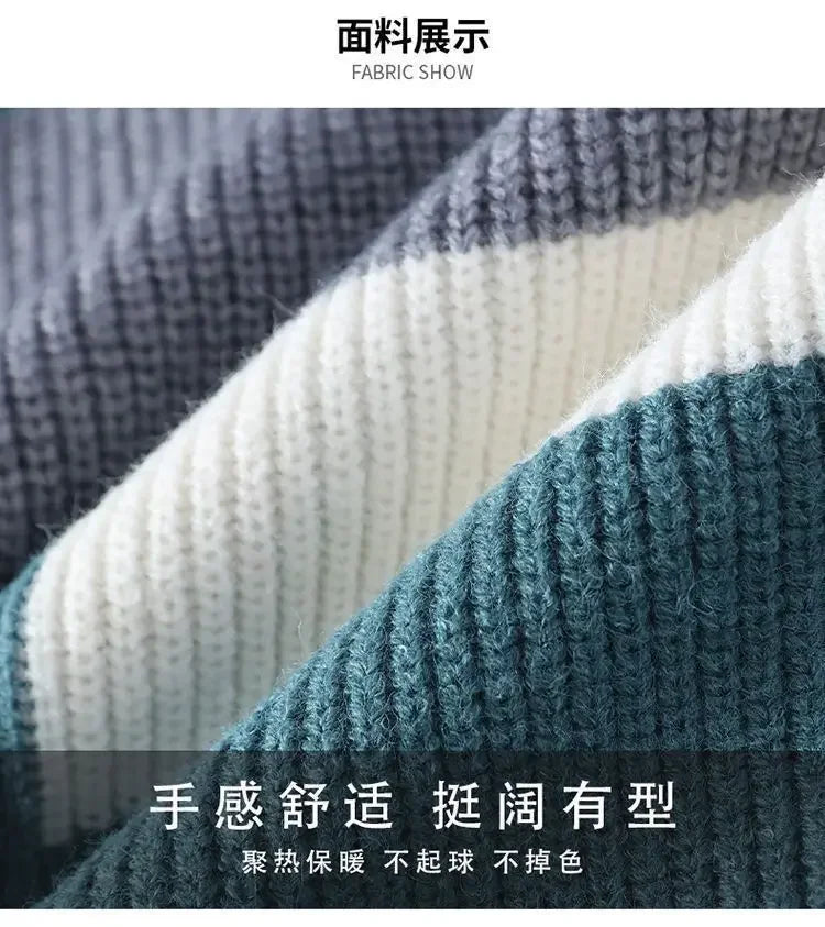 Autumn Winter New Men Sweater Mock Neck Patchwork Contrast Color Trend Youth Fashion Thicken Long Sleeve Pullovers Knitted Tops