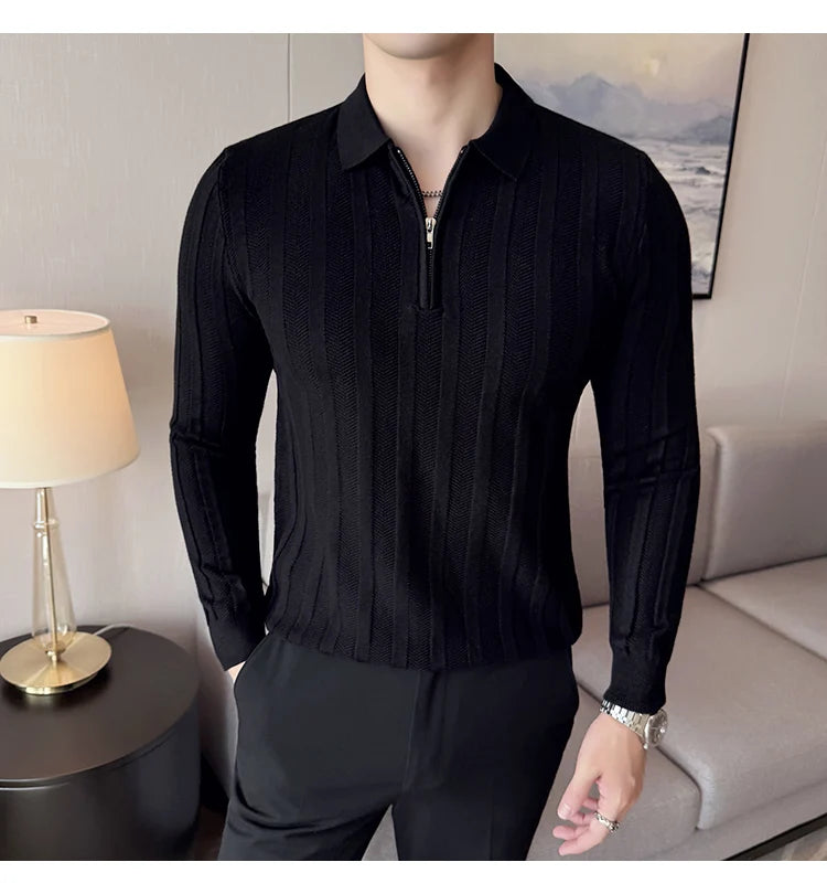 Men's Zip-Front Knit Sweater - White Polo Collar (Black/Burgundy/Cream) M-4XL Soft Touch Autumn Winter Casual Style