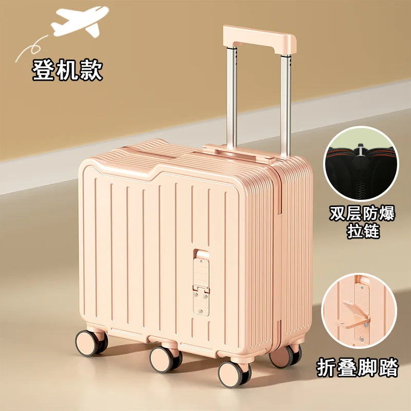 2024 Newest Design Children Luggage Sitting and Riding Mini 20 Inch Travel Boarding Suitcase Six Wheels With Folding Foot Pedal