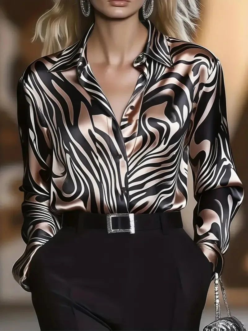 Casual Solid Color Autumn Winter New Style Fashionable Elegant Zebra Print Commuter Style Tops Long Sleeve Lapel Satin Clothes
