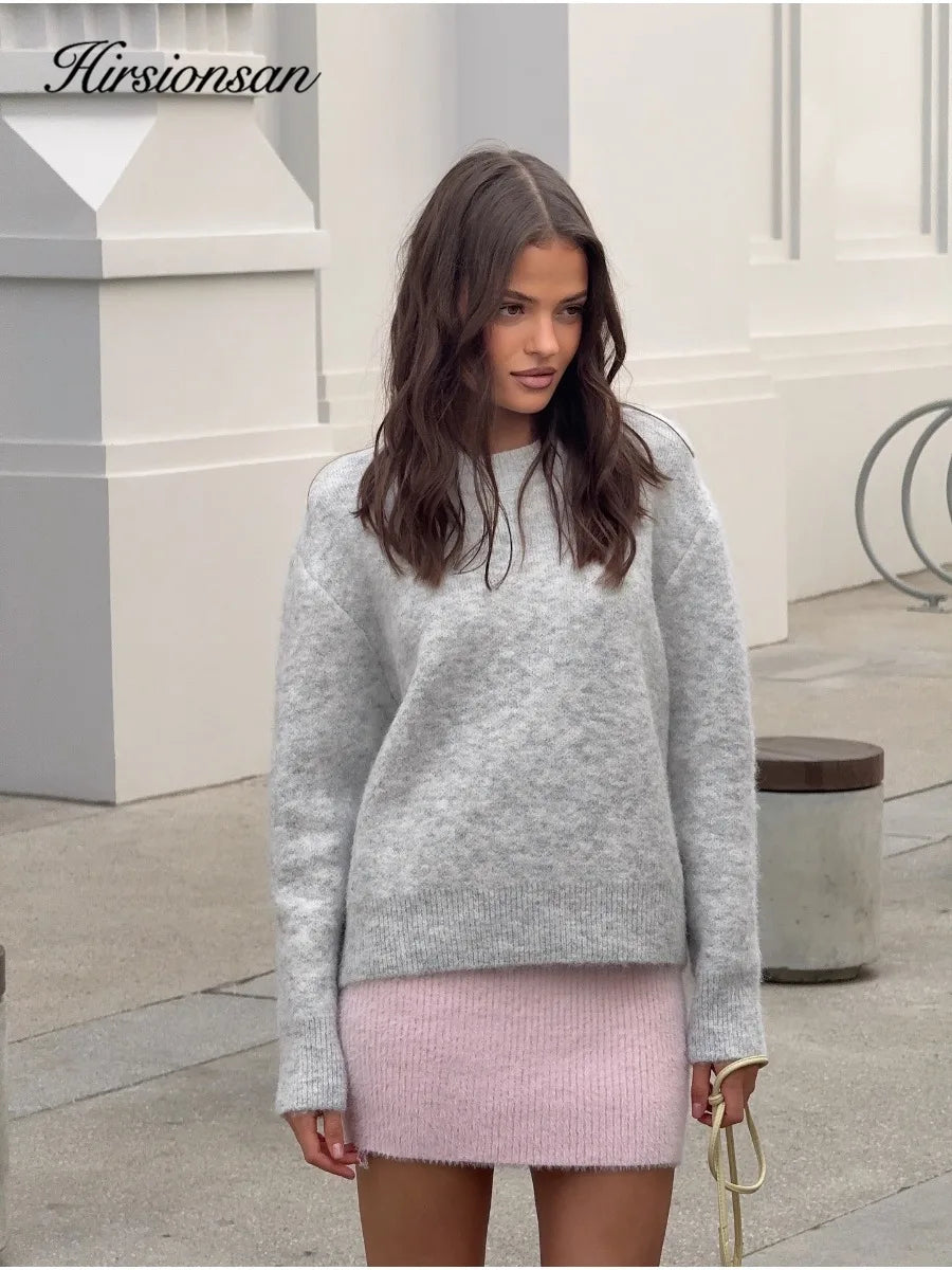 Hirsionsan Basic O Neck Basic Sleeve Sweater Women 2025 Oversized Short Knitted Wool Pullover Female Casual Thick Warm Soft Tops