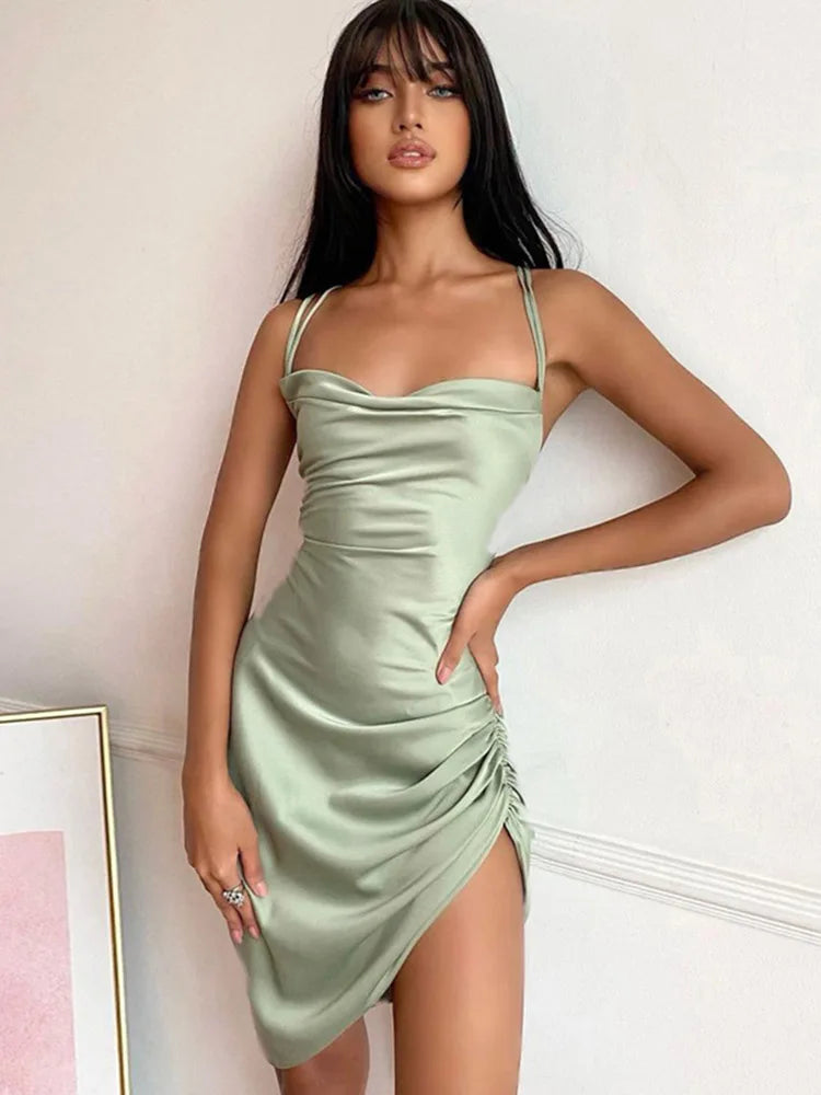 Women Strap Mini Dress Ruched Lace Up Cross Bandage Backless Bodycon Sexy Party Elegant 2023 Club Christmas Slim