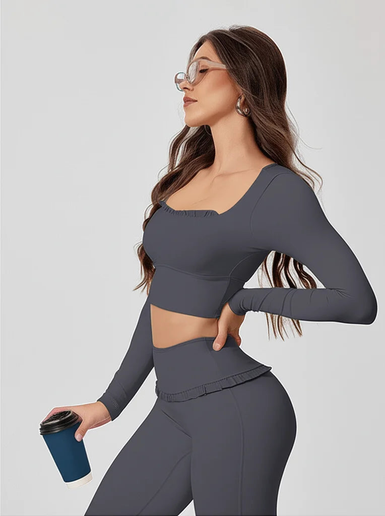 FrillFlow™ 2-Piece Yoga Set — Tummy-Control Flare Pants & Long-Sleeve Top