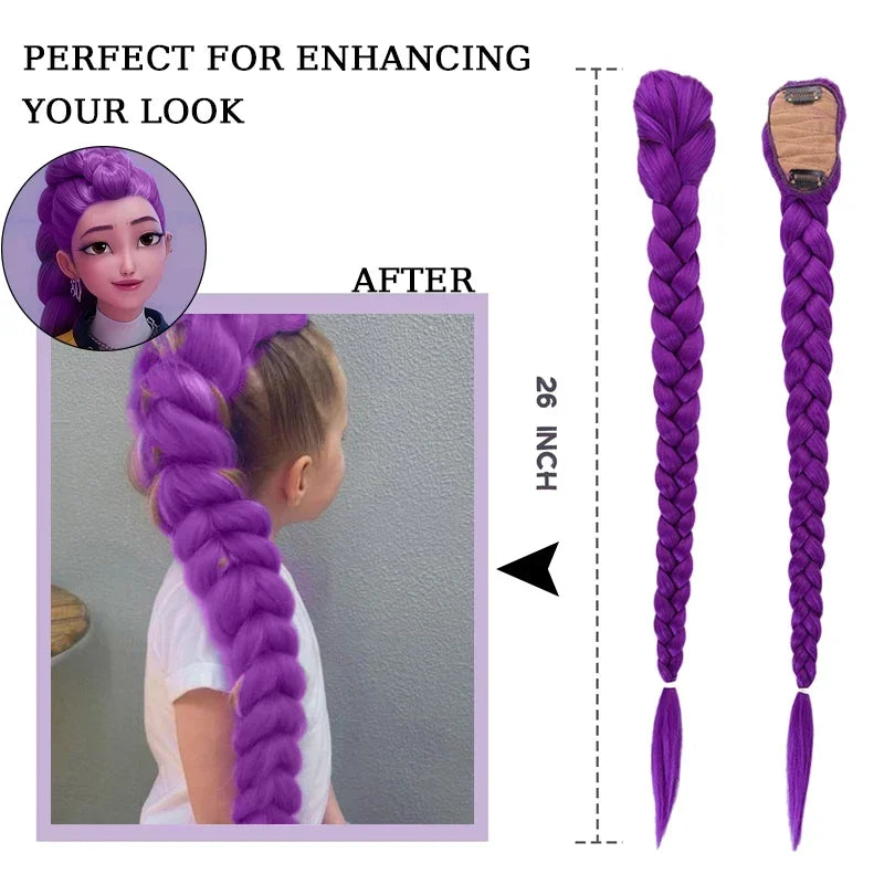 Ru mi Synthetic Braids Purple Hair Ponytail Costume Hairstyle 26inch Long Ponytail with Clips for Kids Girls Halloween Christmas