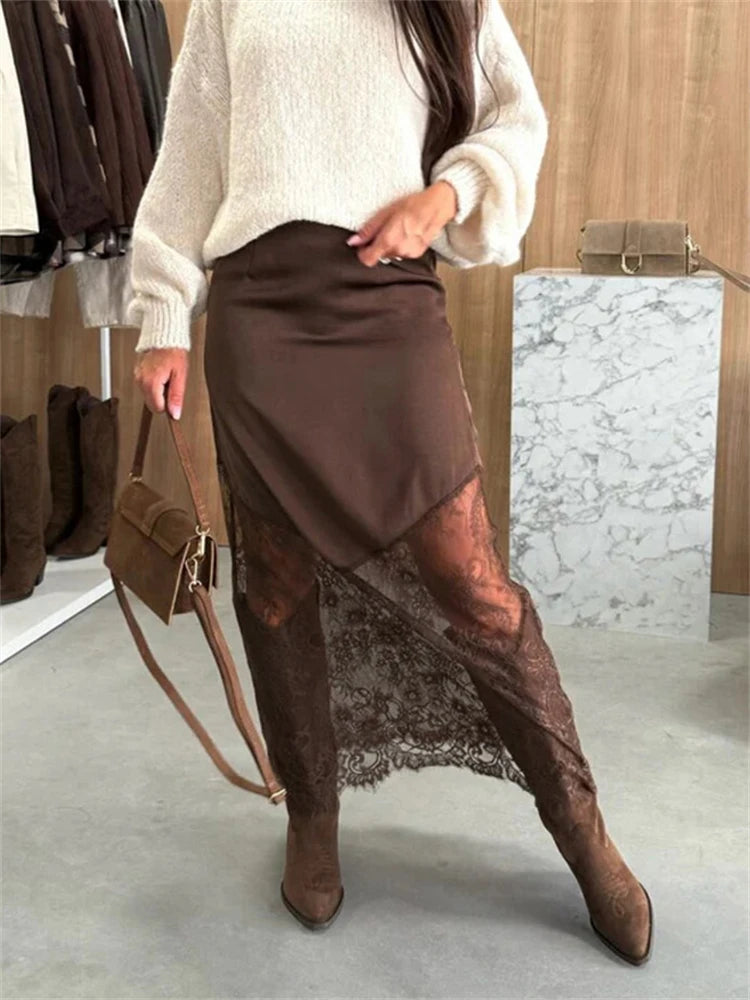 Trendix Women Patchwork Lace Skirts 2025 New High Waist Slim Hollow Out Maxi Skirts Autumn Brown Fashion Party Club Boho Skirt