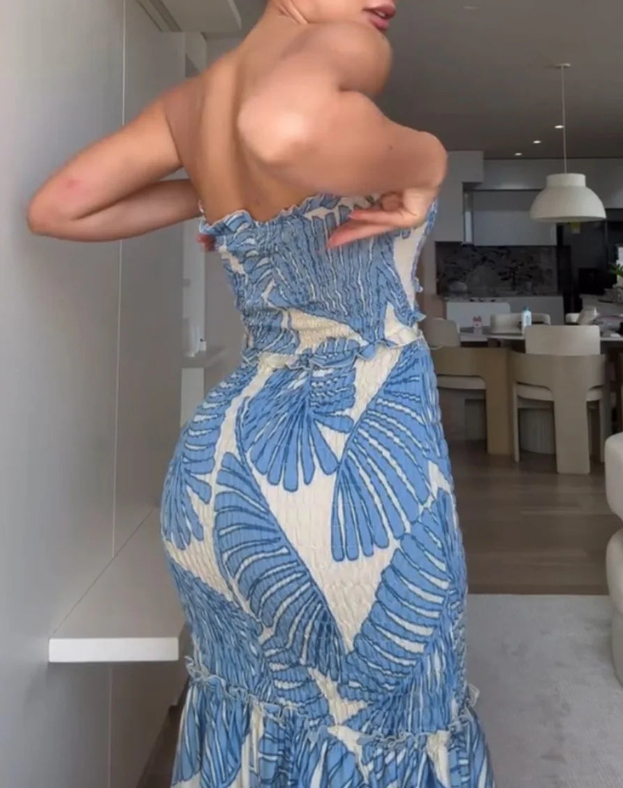 Spring Women Halter Dress Print Mermaid Long Dresses Bodycon Dress Female Summer New Fashion Holiday Sexy Lady Clothes