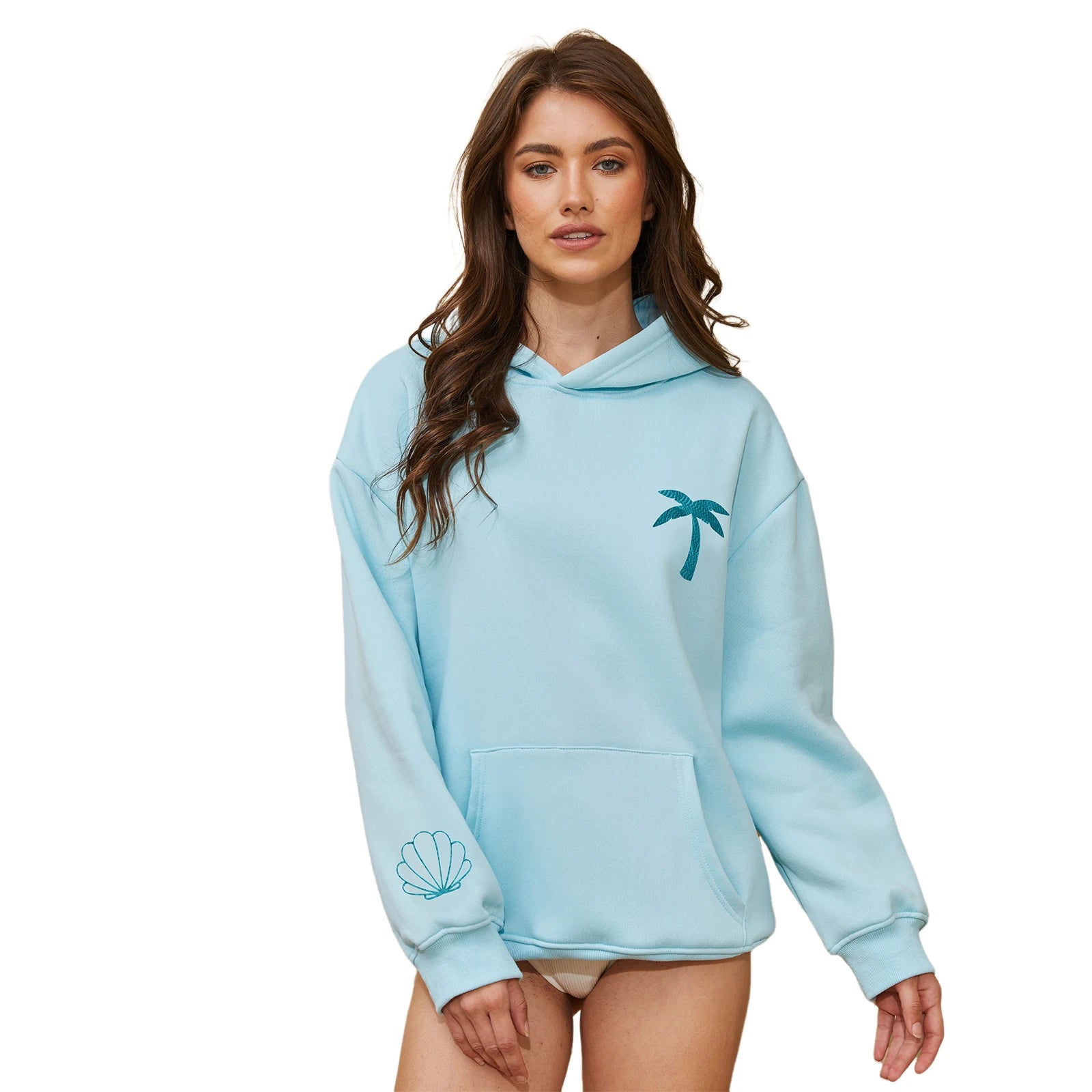 Women’s Coconut Tree Embroidered Hoodie – Loose Waffle-Knit Pullover