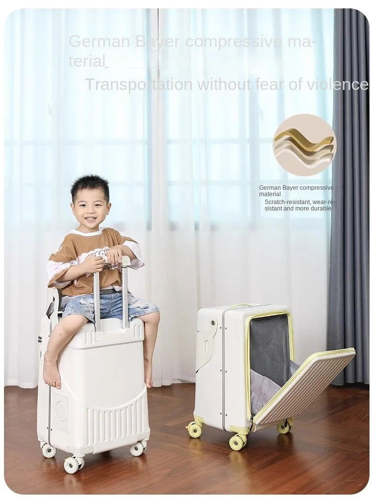 2025 New suitcase for children can Sit 20/22 inch Ride on Luggage Front Opening Sturdy Thickened Travel suitcase with Cup Holder