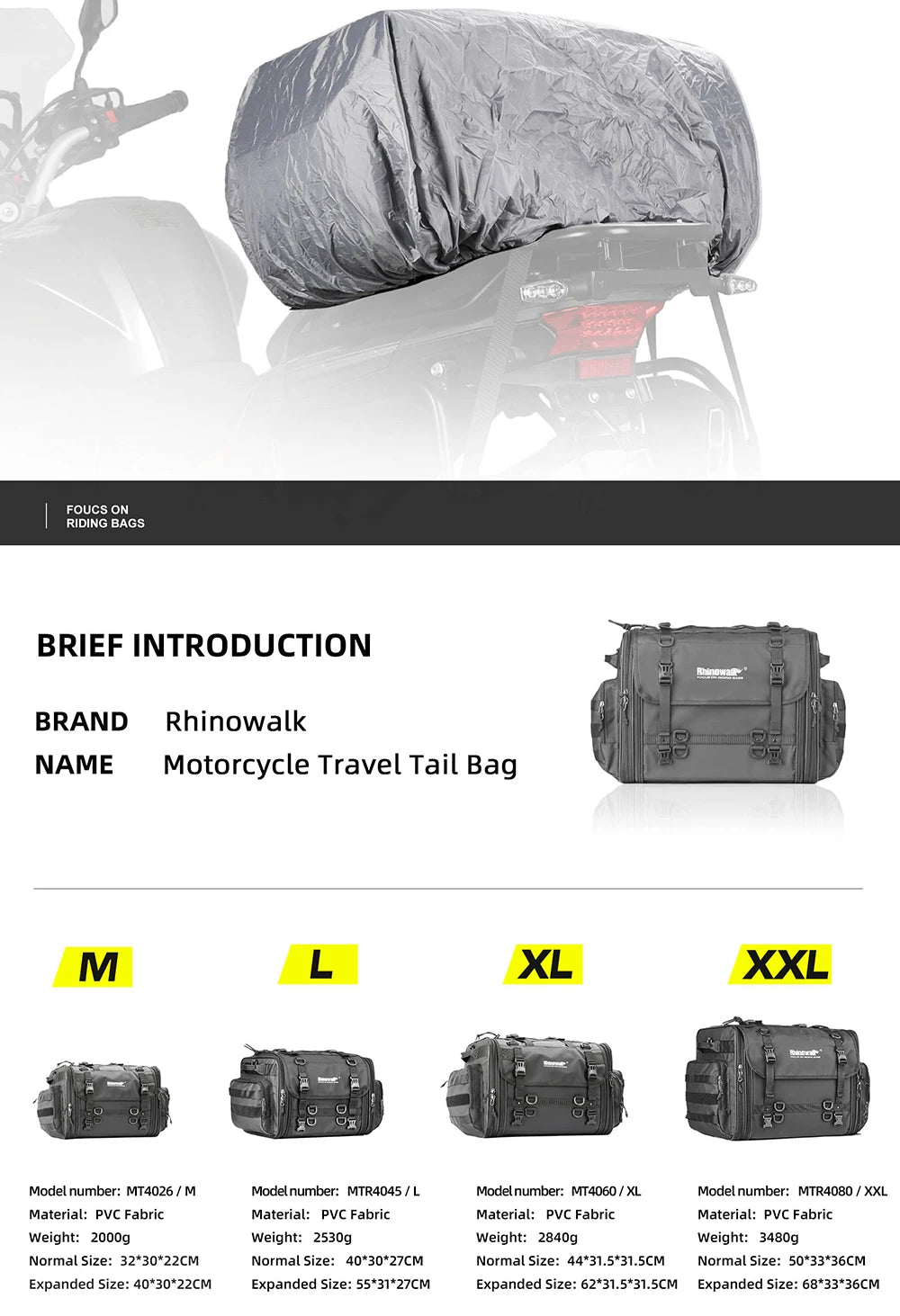 Rhinowalk Motorcycle Travel Luggage Bag Waterproof 19L-80L Expandable Big Capacity Motor Tail/Trunk/Rack Bag For Most motorcycle