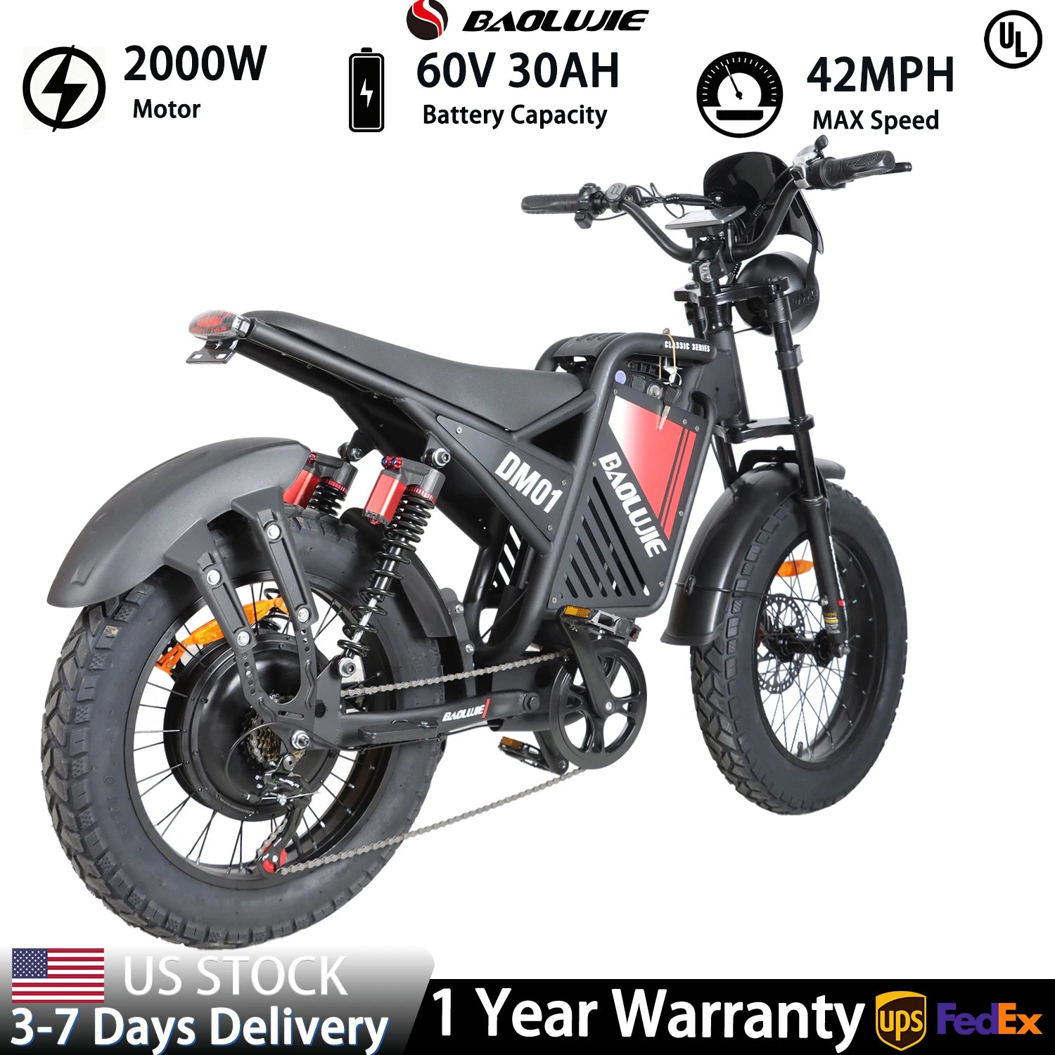 BAOLUJIE DM01 Electric Bike for Adults — 60V 2000W, Up to 42 MPH, Long-Range