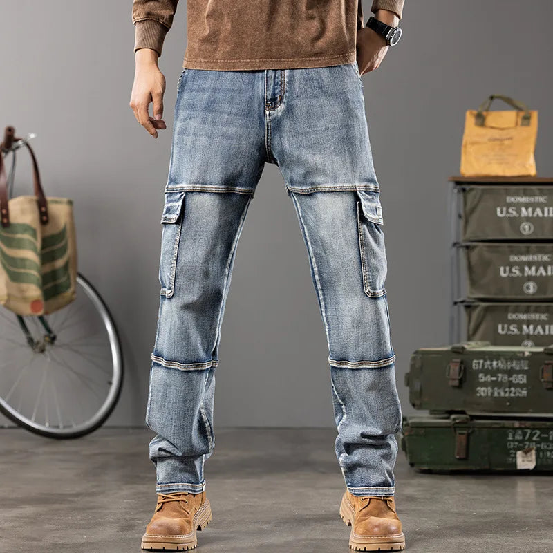 Autumn New Styles Outdoor Men'S Wide Leg Jeans Workwear Multi-Pocket Straight Pents Baggy Jeans Plus Size Tapered Jeans