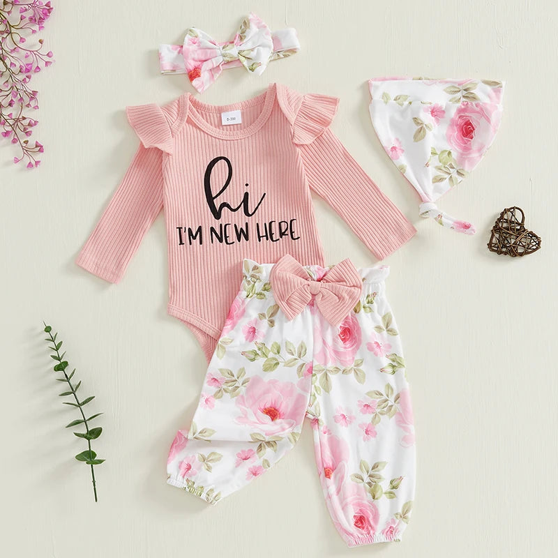 Baby Girls 4 Piece Outfit Letter Print Long Sleeves Romper and Floral Print Pants Headband Hat Set Cute Clothes