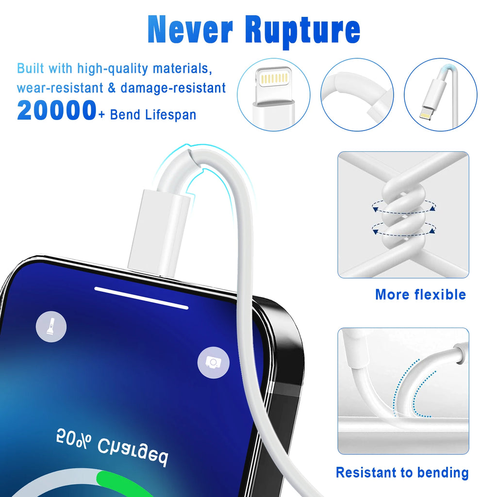 3A USB Cable For iPhone 14 13 12 11 Pro Max X XR 6s 7 8 Plus  3ft  6ft Lead Mobile Phone Fast Charging Cord Data Charger Wire