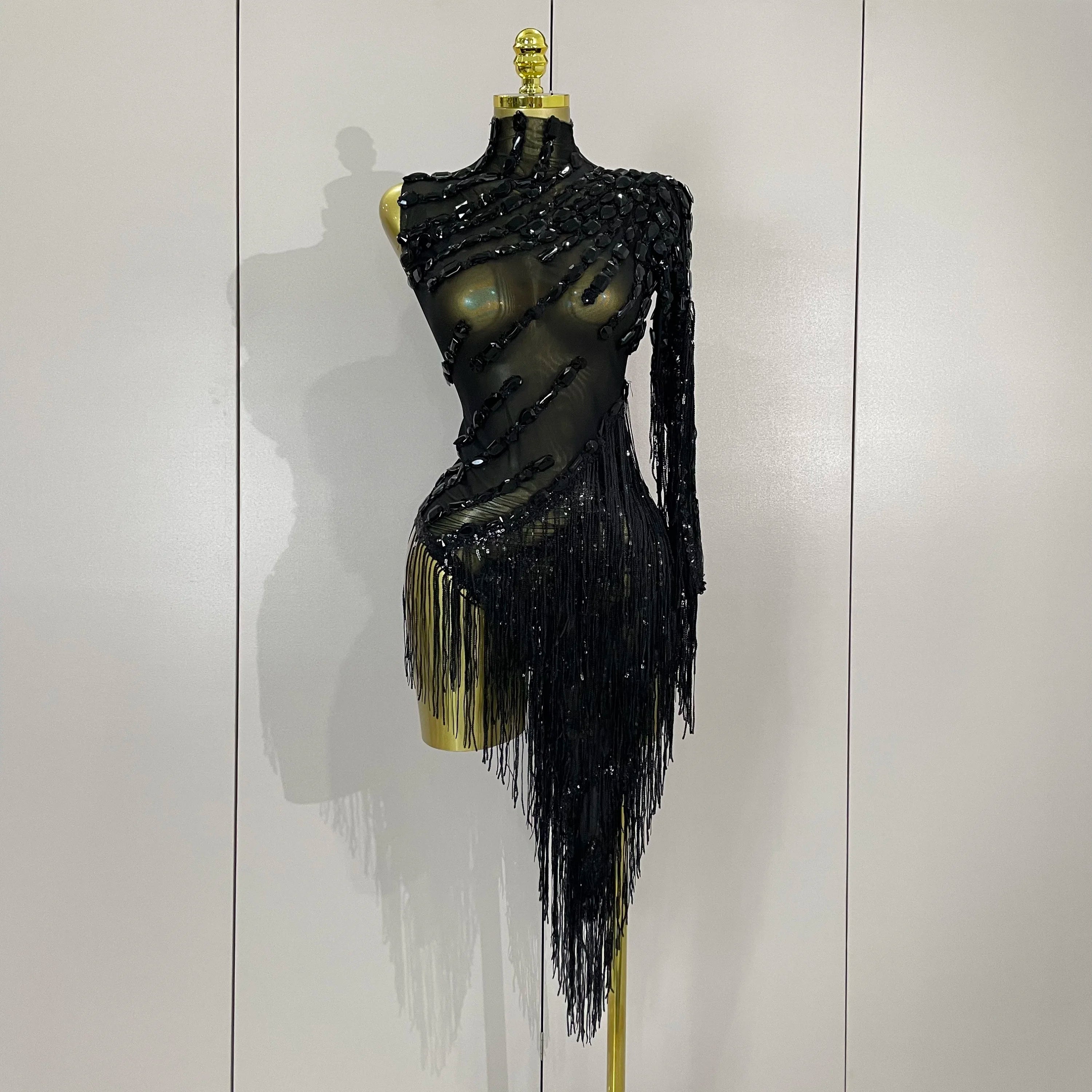 New Stage Costume Sparkly Rhinestones Tassel Sexy See-Through Dress Women One Shoulder Latin Dance Bars Nightclub Party Outfits