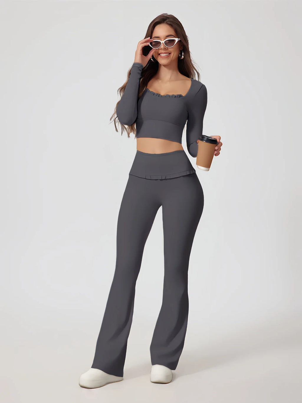 FrillFlow™ 2-Piece Yoga Set — Tummy-Control Flare Pants & Long-Sleeve Top