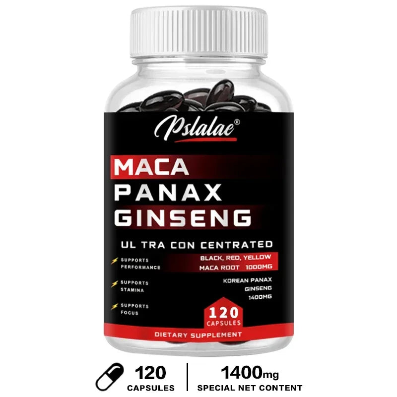 Xemenry Maca Root + Korean Ginseng Capsules – 10,000 mg Maca (Black, Red, Yellow) + 1,400 mg Ginseng | High Strength Energy & Vitality Supplement (30/60/120 Capsules)