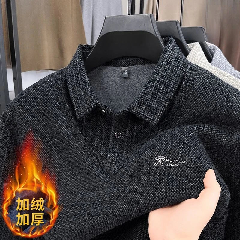 Men's Plush Sweater Autumn Winter Fashion Button Lapel Striped Pullovers Business Casual Fleece Lined Knitted Thickened Sweaters