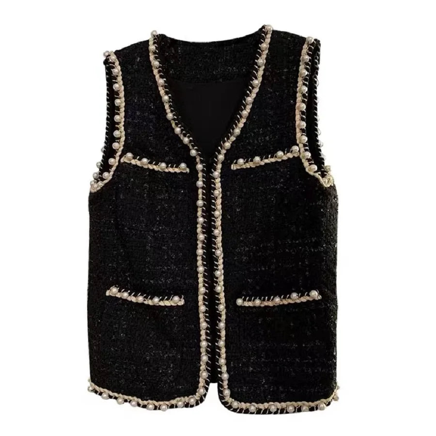 Women’s Tweed Plaid Vest – Wool-Blend Waistcoat with Pearl Buckle, Sleeveless Jacket (Vintage Korean Style, Spring/Fall)