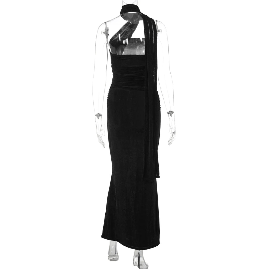 Hugcitar Halter Solid Sleeveless Backless Ruched Sexy Bodycon Maxi Prom Dress Summer Women Elegant Outfit Evening Party Birthday