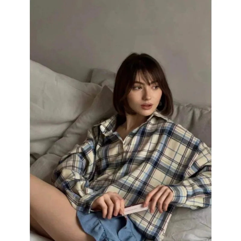 Fashion Baggy Plaid Women'S Blouse Elegant Lapel Long Sleeve Shirts And Blouses Vintage Pocket Lace-Up Top Female 2025