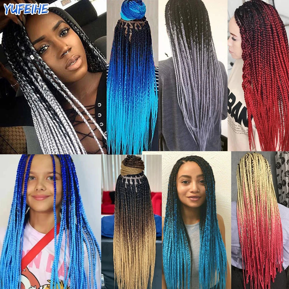 Synthetic Box Braids Hair Colored Crochet Hair Extensions Ombre Blue Gray Hook Braids Hairpiece For Women Cosplay Daily Use 24''