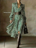 Women's V-Neck Long Sleeve Geometric Print Midi Dress, Elegant Casual Style