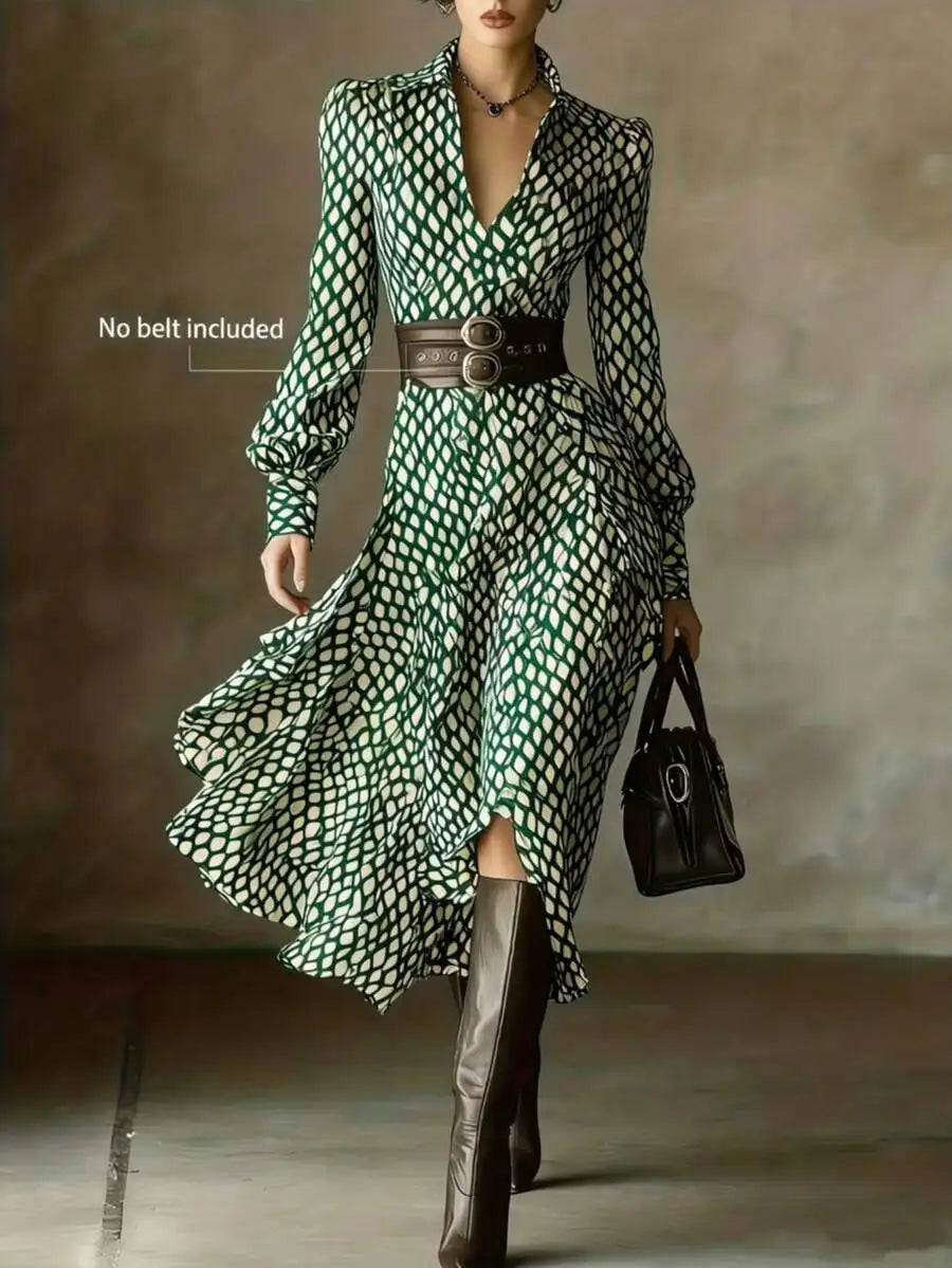 Women's V-Neck Long Sleeve Geometric Print Midi Dress, Elegant Casual Style