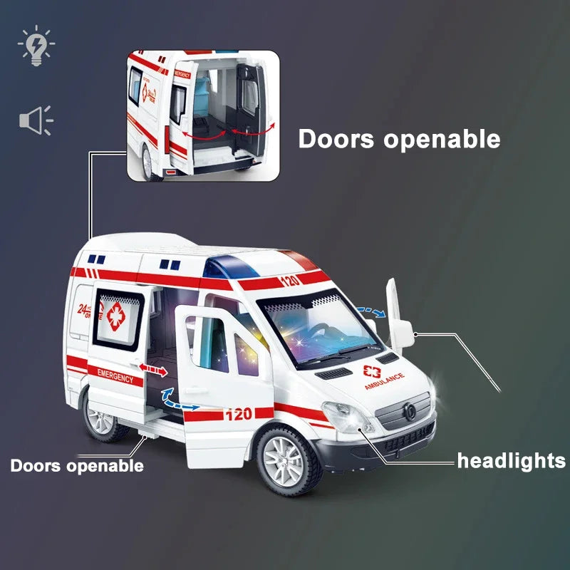 1:32 Mini Car Diecast Ambulance Fire-Truck Policecar Model Sound And Light Vehicle Simulation Collection Gifts Toys Boys