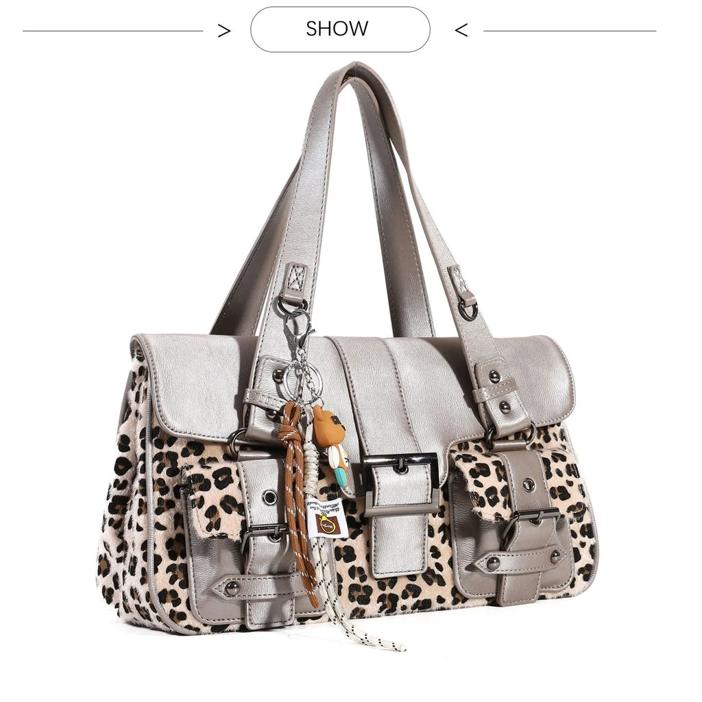 Venn Angel PU Handbg Women's Leopard Shoulder Bag Soft Fashion Tote Large Capacity Crossbody Shoulder Bag Bronze Handbag Purse