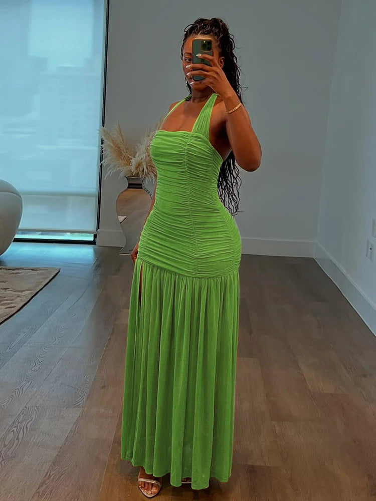 Nibber See Through Hem Dress Women Ruched Halter Summer Trend Sleeveless Backless Patchwork Midnight Clubwear Party Maxi Bodycon