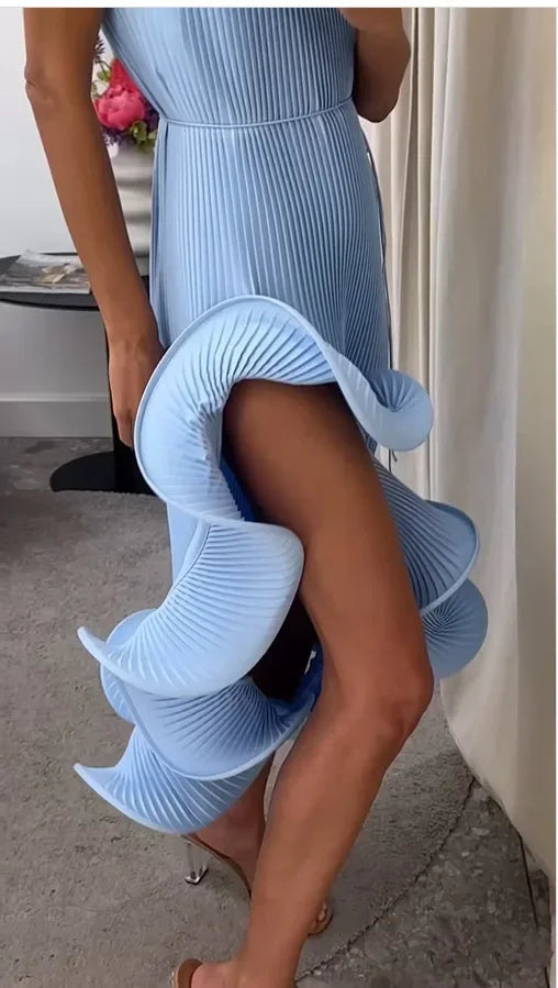 Women Romantic Yellow Halter Maxi Dress Ribbed Knit Ruffled High-slit Slim-fit Vestido 2026 Lady New Spring Trendy Fashion Robes